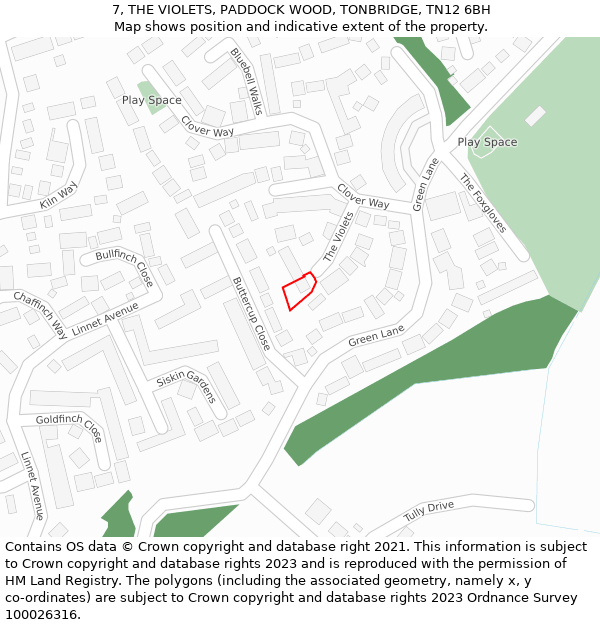 7, THE VIOLETS, PADDOCK WOOD, TONBRIDGE, TN12 6BH: Location map and indicative extent of plot