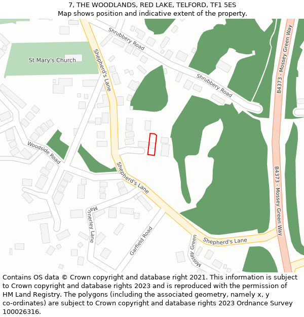 7, THE WOODLANDS, RED LAKE, TELFORD, TF1 5ES: Location map and indicative extent of plot