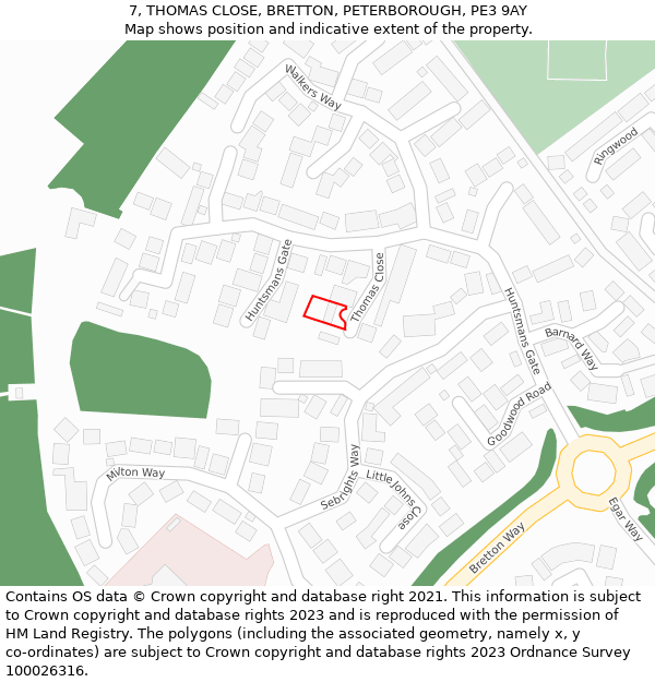 7, THOMAS CLOSE, BRETTON, PETERBOROUGH, PE3 9AY: Location map and indicative extent of plot