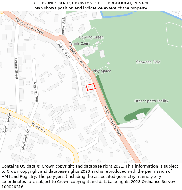 7, THORNEY ROAD, CROWLAND, PETERBOROUGH, PE6 0AL: Location map and indicative extent of plot