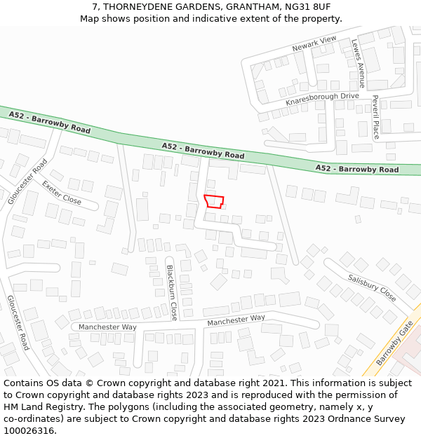 7, THORNEYDENE GARDENS, GRANTHAM, NG31 8UF: Location map and indicative extent of plot