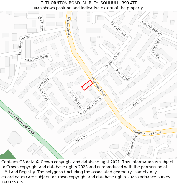 7, THORNTON ROAD, SHIRLEY, SOLIHULL, B90 4TF: Location map and indicative extent of plot