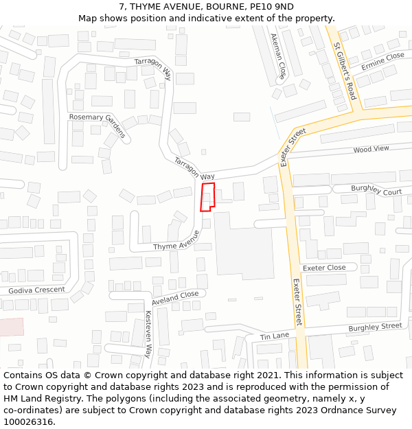 7, THYME AVENUE, BOURNE, PE10 9ND: Location map and indicative extent of plot