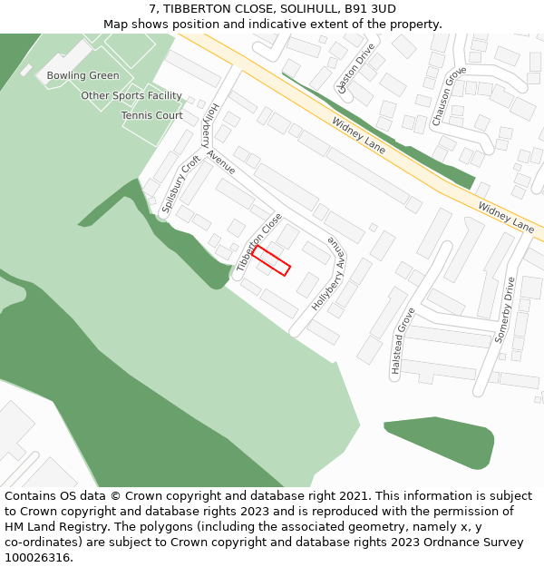 7, TIBBERTON CLOSE, SOLIHULL, B91 3UD: Location map and indicative extent of plot