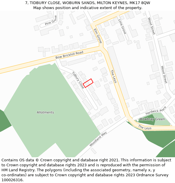 7, TIDBURY CLOSE, WOBURN SANDS, MILTON KEYNES, MK17 8QW: Location map and indicative extent of plot