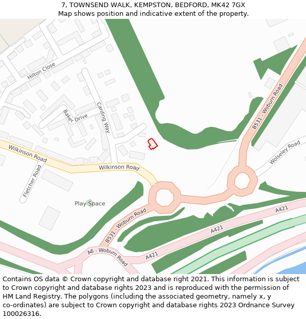 7, TOWNSEND WALK, KEMPSTON, BEDFORD, MK42 7GX: Location map and indicative extent of plot