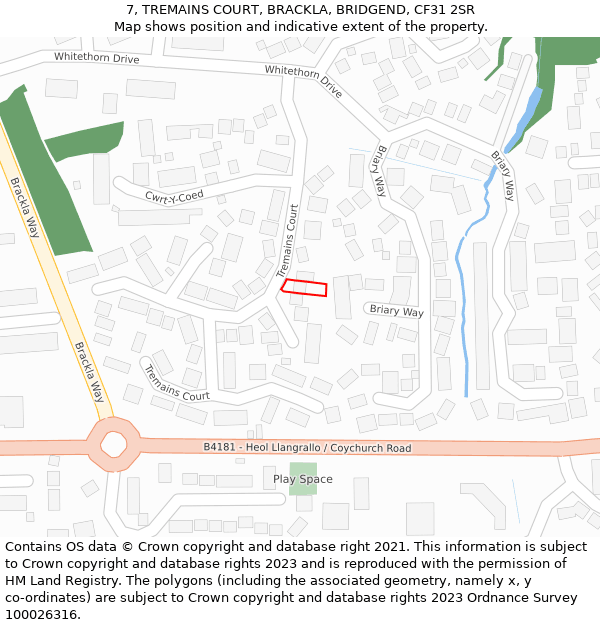 7, TREMAINS COURT, BRACKLA, BRIDGEND, CF31 2SR: Location map and indicative extent of plot