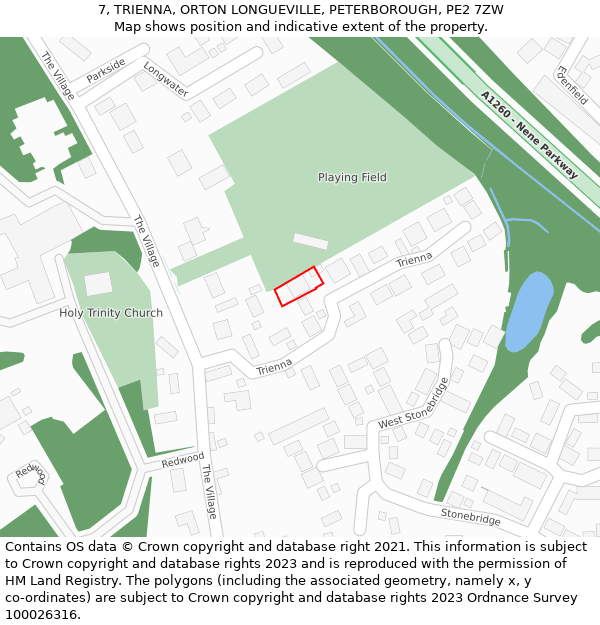 7, TRIENNA, ORTON LONGUEVILLE, PETERBOROUGH, PE2 7ZW: Location map and indicative extent of plot