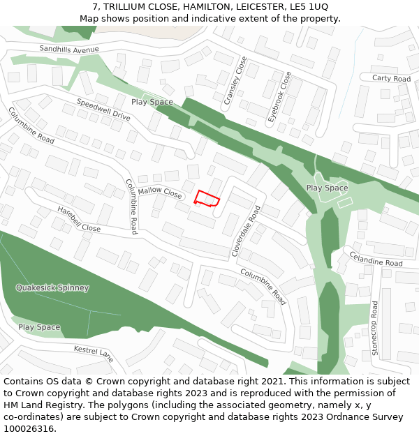 7, TRILLIUM CLOSE, HAMILTON, LEICESTER, LE5 1UQ: Location map and indicative extent of plot