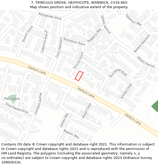 7, TRINCULO GROVE, HEATHCOTE, WARWICK, CV34 6EG: Location map and indicative extent of plot