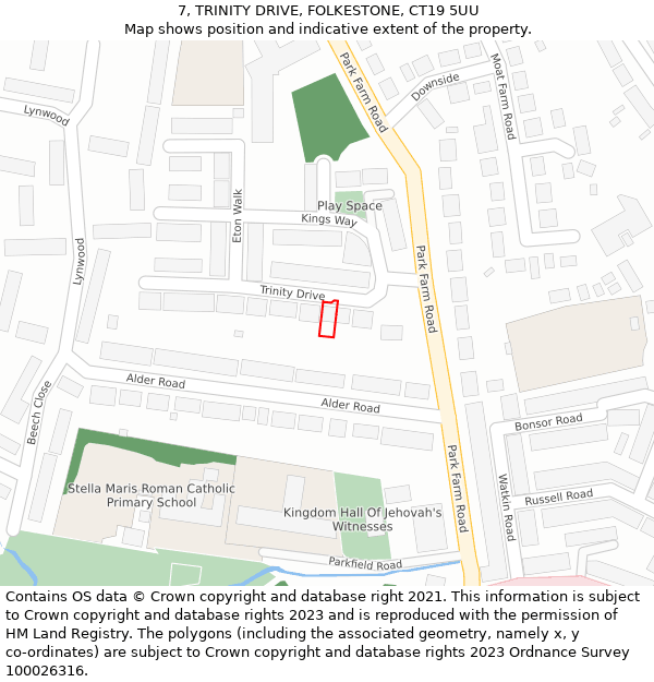 7, TRINITY DRIVE, FOLKESTONE, CT19 5UU: Location map and indicative extent of plot