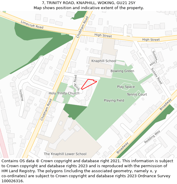 7, TRINITY ROAD, KNAPHILL, WOKING, GU21 2SY: Location map and indicative extent of plot