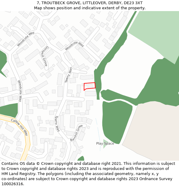 7, TROUTBECK GROVE, LITTLEOVER, DERBY, DE23 3XT: Location map and indicative extent of plot