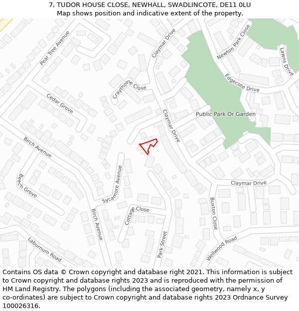 7, TUDOR HOUSE CLOSE, NEWHALL, SWADLINCOTE, DE11 0LU: Location map and indicative extent of plot