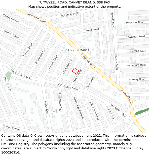 7, TWYZEL ROAD, CANVEY ISLAND, SS8 8AX: Location map and indicative extent of plot