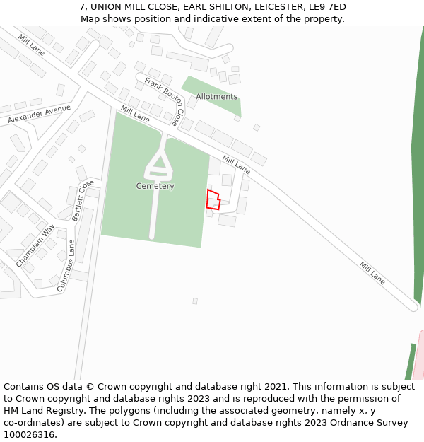 7, UNION MILL CLOSE, EARL SHILTON, LEICESTER, LE9 7ED: Location map and indicative extent of plot