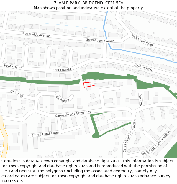 7, VALE PARK, BRIDGEND, CF31 5EA: Location map and indicative extent of plot
