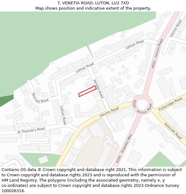 7, VENETIA ROAD, LUTON, LU2 7XD: Location map and indicative extent of plot