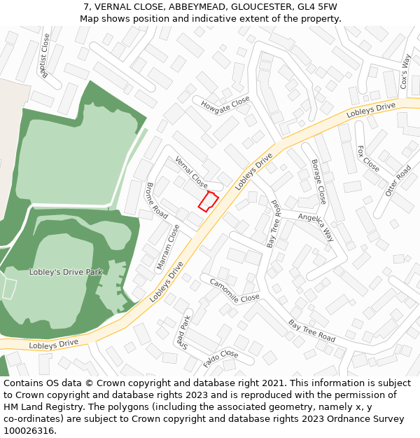 7, VERNAL CLOSE, ABBEYMEAD, GLOUCESTER, GL4 5FW: Location map and indicative extent of plot