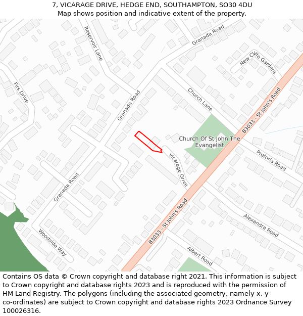 7, VICARAGE DRIVE, HEDGE END, SOUTHAMPTON, SO30 4DU: Location map and indicative extent of plot