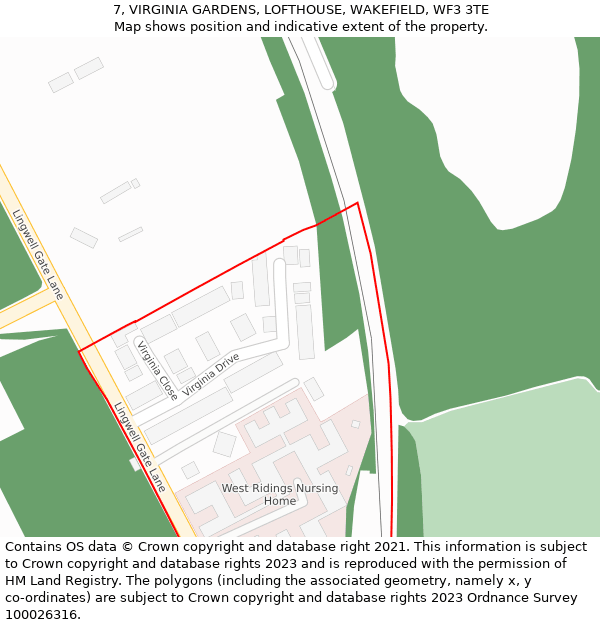 7, VIRGINIA GARDENS, LOFTHOUSE, WAKEFIELD, WF3 3TE: Location map and indicative extent of plot