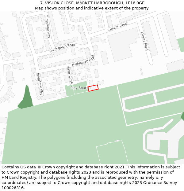 7, VISLOK CLOSE, MARKET HARBOROUGH, LE16 9GE: Location map and indicative extent of plot