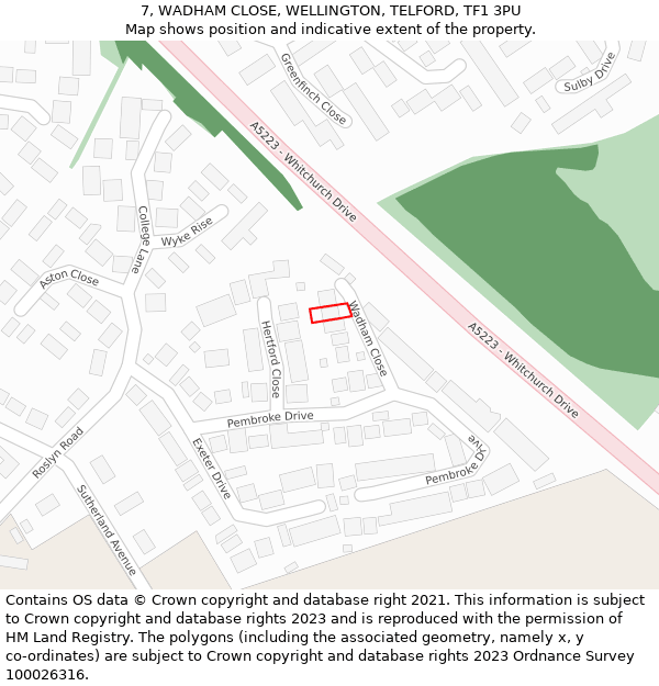 7, WADHAM CLOSE, WELLINGTON, TELFORD, TF1 3PU: Location map and indicative extent of plot