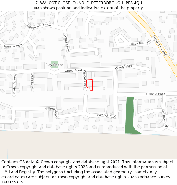 7, WALCOT CLOSE, OUNDLE, PETERBOROUGH, PE8 4QU: Location map and indicative extent of plot