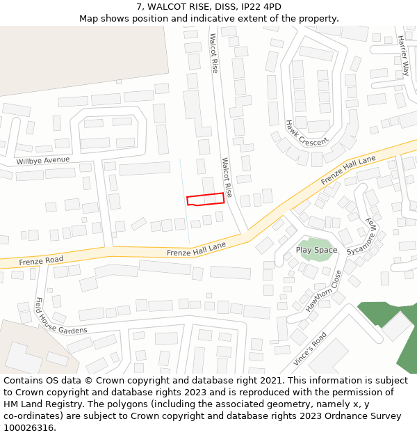 7, WALCOT RISE, DISS, IP22 4PD: Location map and indicative extent of plot