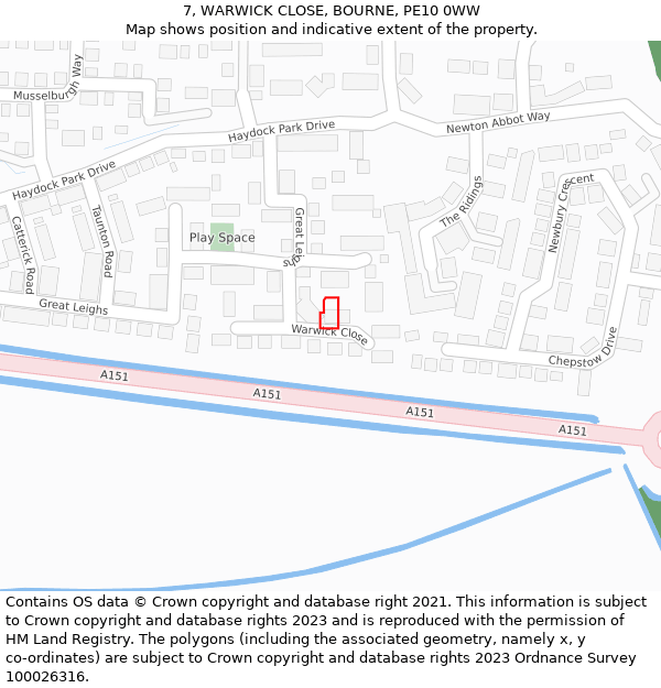 7, WARWICK CLOSE, BOURNE, PE10 0WW: Location map and indicative extent of plot