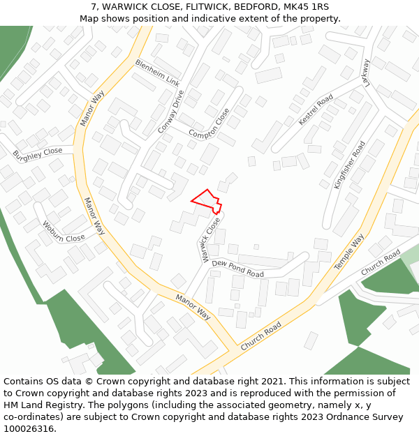 7, WARWICK CLOSE, FLITWICK, BEDFORD, MK45 1RS: Location map and indicative extent of plot