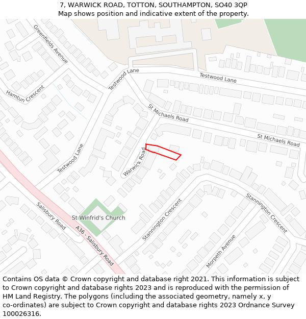 7, WARWICK ROAD, TOTTON, SOUTHAMPTON, SO40 3QP: Location map and indicative extent of plot