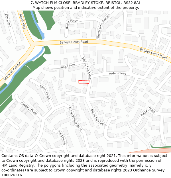 7, WATCH ELM CLOSE, BRADLEY STOKE, BRISTOL, BS32 8AL: Location map and indicative extent of plot