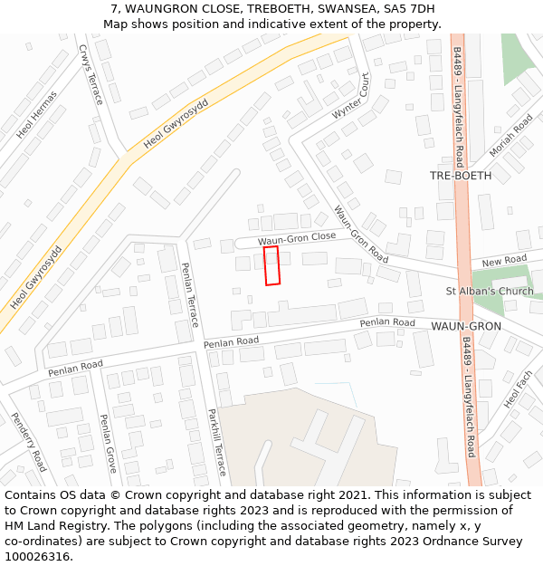 7, WAUNGRON CLOSE, TREBOETH, SWANSEA, SA5 7DH: Location map and indicative extent of plot