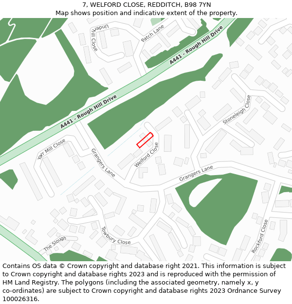 7, WELFORD CLOSE, REDDITCH, B98 7YN: Location map and indicative extent of plot