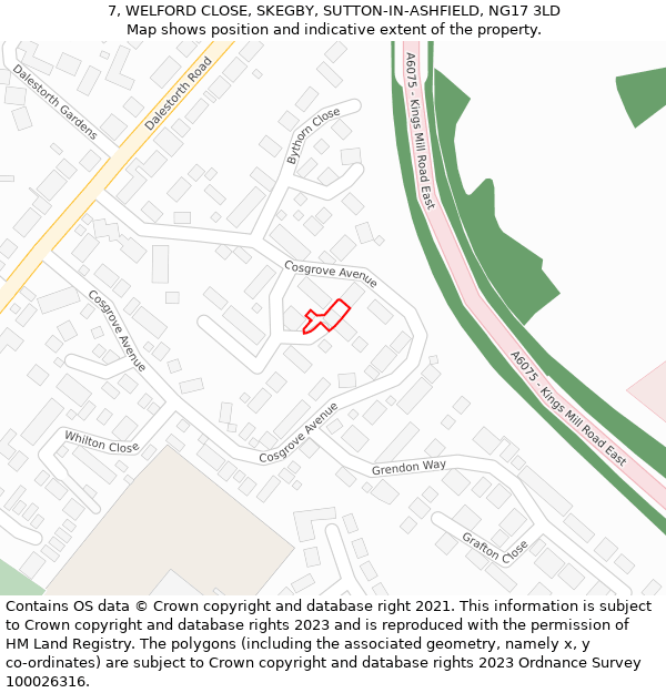 7, WELFORD CLOSE, SKEGBY, SUTTON-IN-ASHFIELD, NG17 3LD: Location map and indicative extent of plot