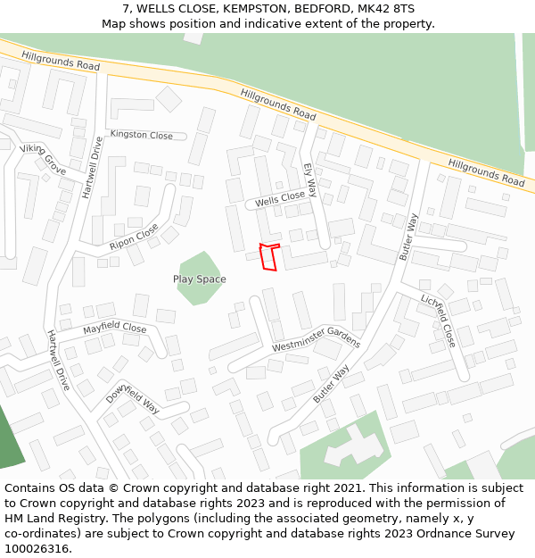 7, WELLS CLOSE, KEMPSTON, BEDFORD, MK42 8TS: Location map and indicative extent of plot