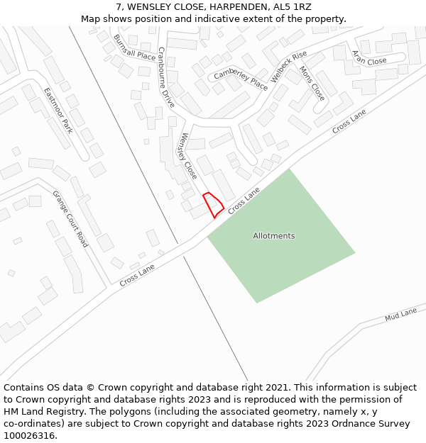 7, WENSLEY CLOSE, HARPENDEN, AL5 1RZ: Location map and indicative extent of plot