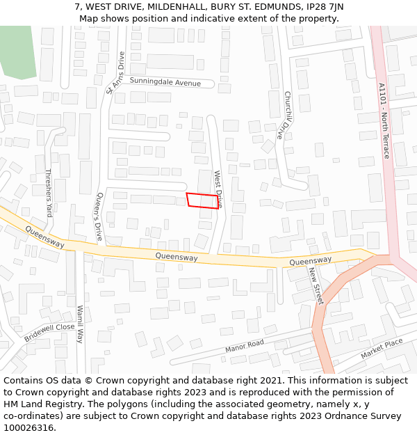 7, WEST DRIVE, MILDENHALL, BURY ST. EDMUNDS, IP28 7JN: Location map and indicative extent of plot