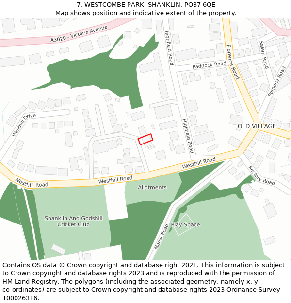 7, WESTCOMBE PARK, SHANKLIN, PO37 6QE: Location map and indicative extent of plot
