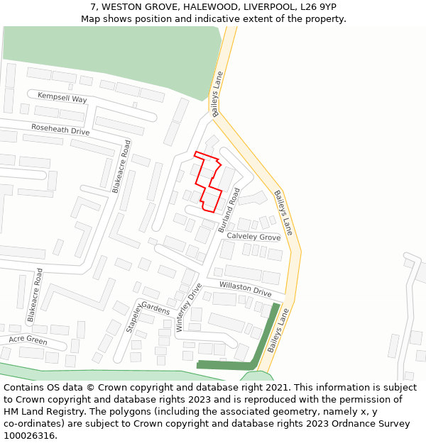 7, WESTON GROVE, HALEWOOD, LIVERPOOL, L26 9YP: Location map and indicative extent of plot