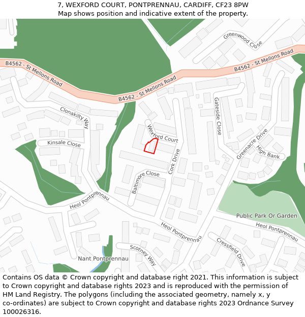 7, WEXFORD COURT, PONTPRENNAU, CARDIFF, CF23 8PW: Location map and indicative extent of plot