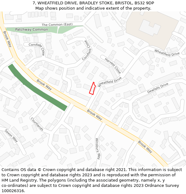 7, WHEATFIELD DRIVE, BRADLEY STOKE, BRISTOL, BS32 9DP: Location map and indicative extent of plot