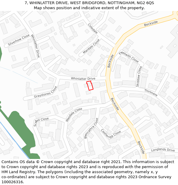 7, WHINLATTER DRIVE, WEST BRIDGFORD, NOTTINGHAM, NG2 6QS: Location map and indicative extent of plot