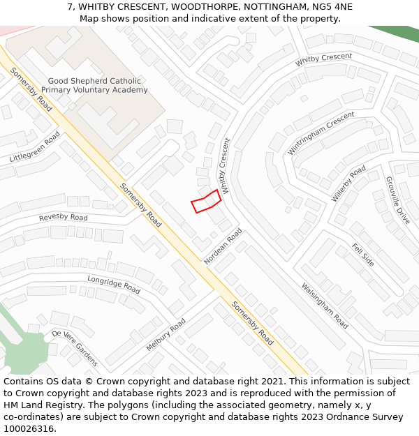 7, WHITBY CRESCENT, WOODTHORPE, NOTTINGHAM, NG5 4NE: Location map and indicative extent of plot