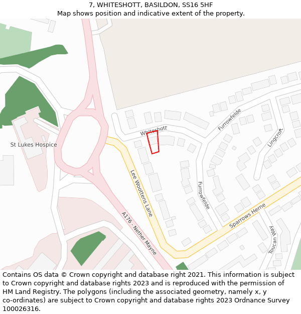 7, WHITESHOTT, BASILDON, SS16 5HF: Location map and indicative extent of plot
