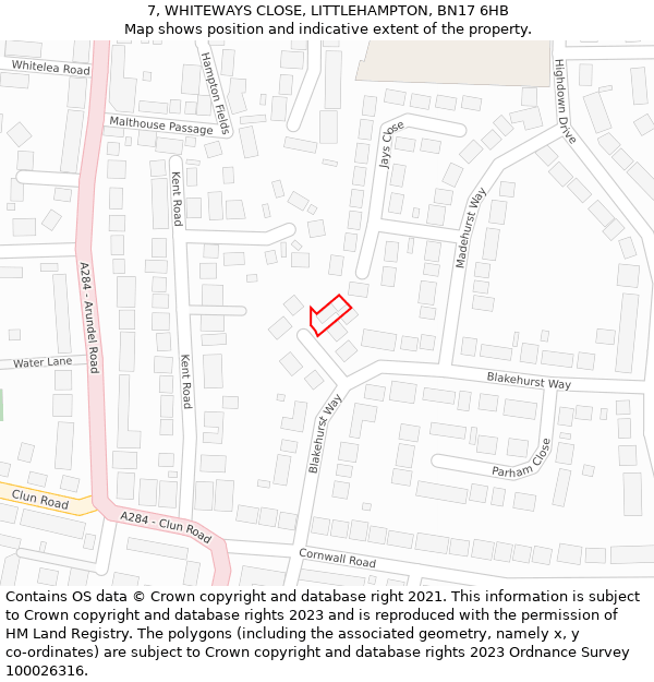 7, WHITEWAYS CLOSE, LITTLEHAMPTON, BN17 6HB: Location map and indicative extent of plot