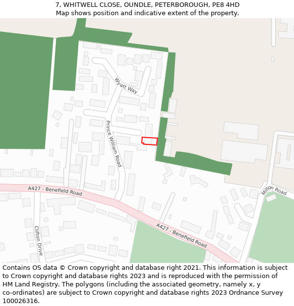 7, WHITWELL CLOSE, OUNDLE, PETERBOROUGH, PE8 4HD: Location map and indicative extent of plot