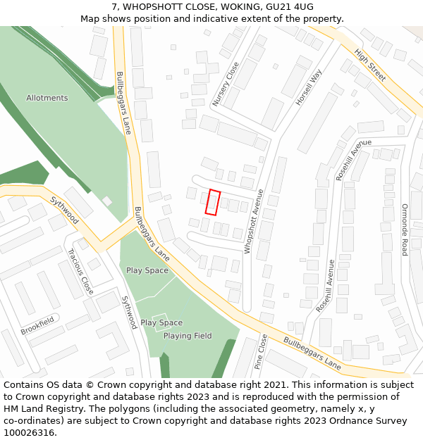 7, WHOPSHOTT CLOSE, WOKING, GU21 4UG: Location map and indicative extent of plot