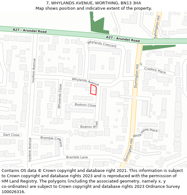 7, WHYLANDS AVENUE, WORTHING, BN13 3HA: Location map and indicative extent of plot